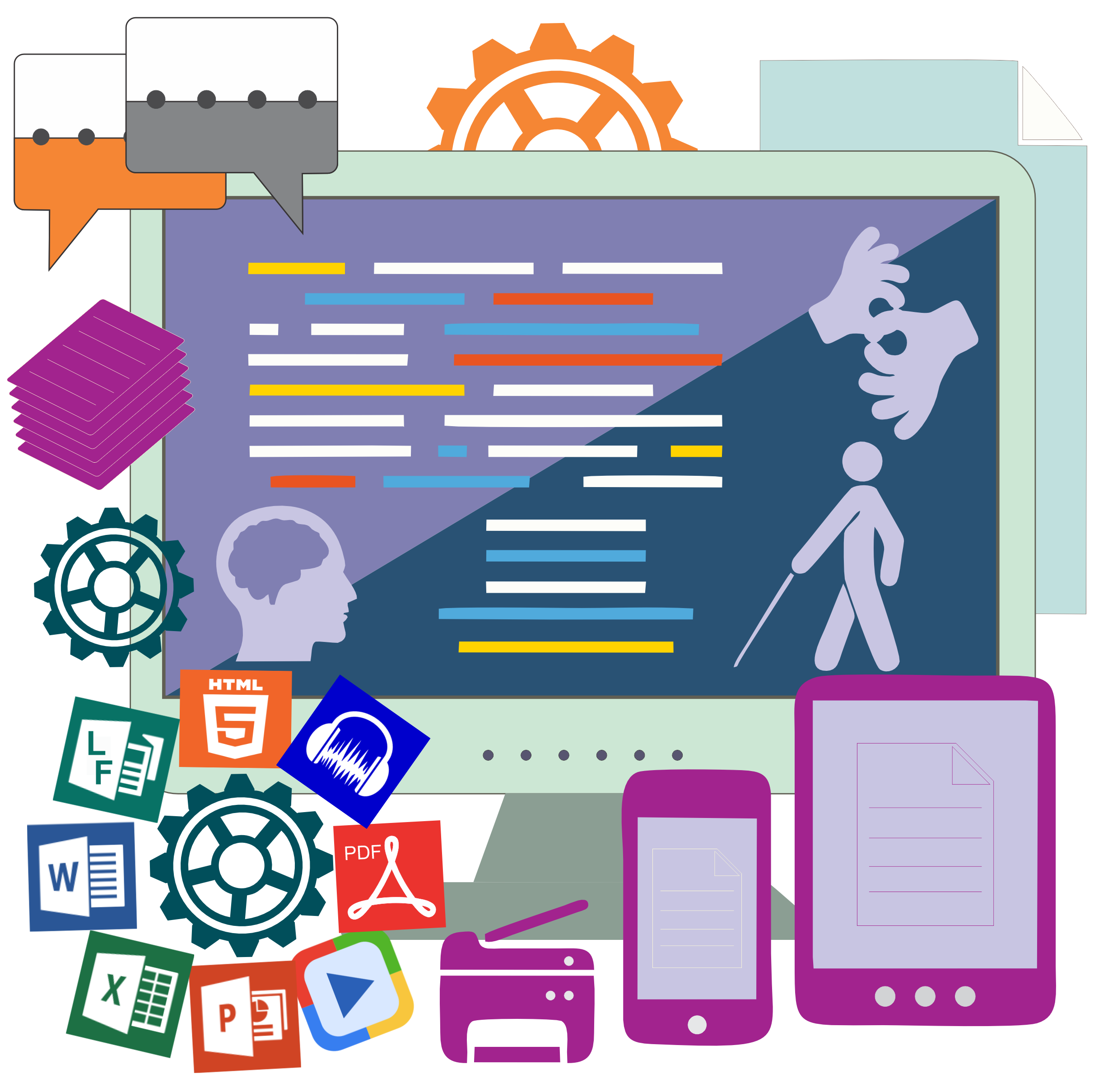 Monitor de computadora con iconos de programas informáticos y símbolos de accesibilidad 